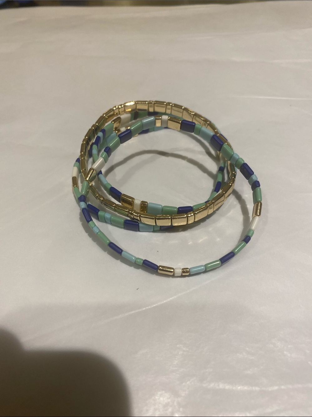 J. Crew Gold, Aqua, Mint and Navy Beaded Coil Bracelet Set
